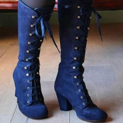 Women's blue leather mid length high boots